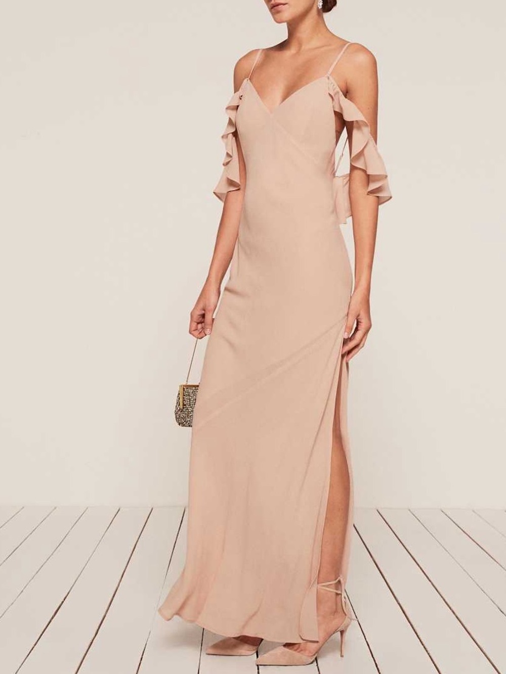 Reformation Ferrara Dress champagne cold shoulder ruffle maxi gown straps slit